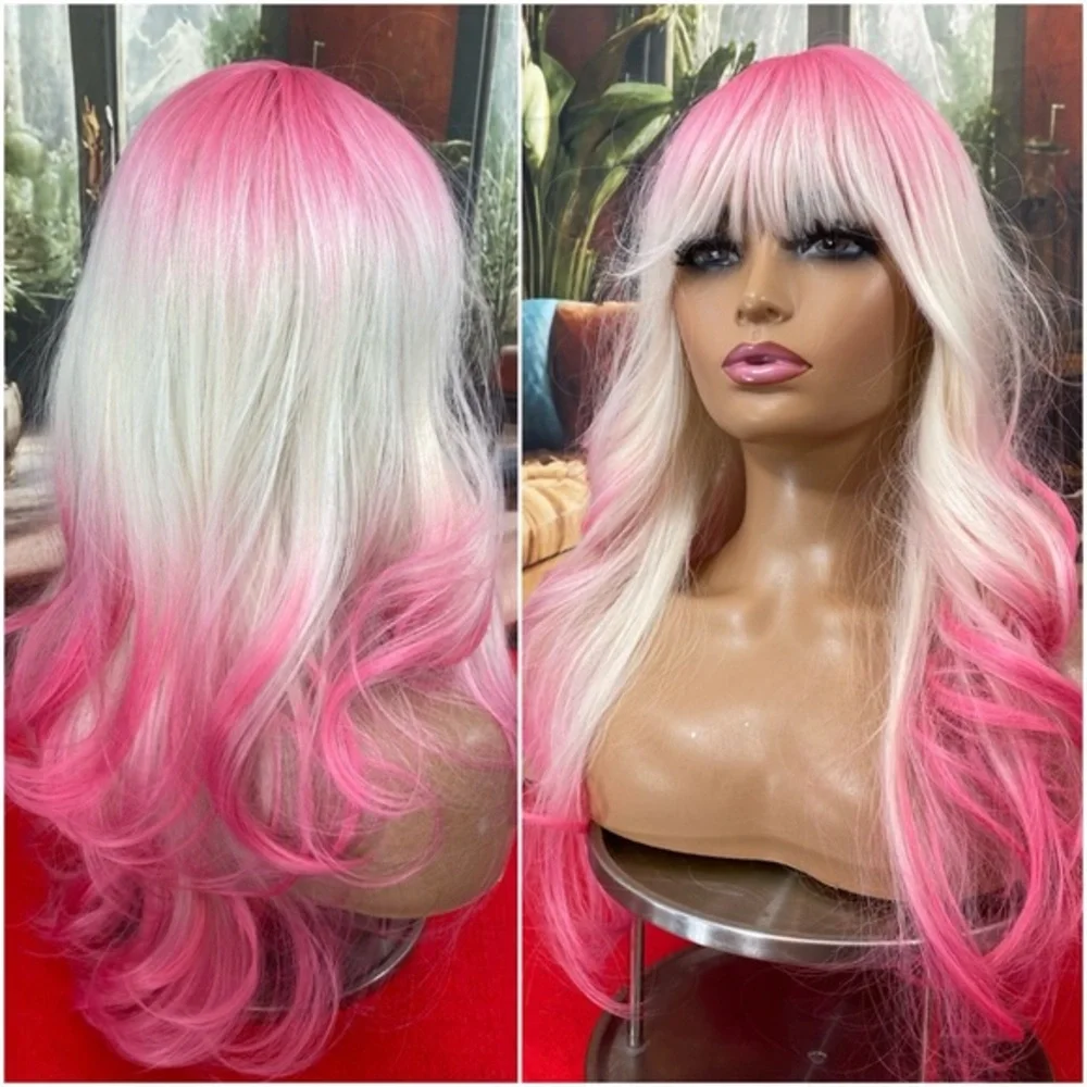 White and hot pink wig with bangs